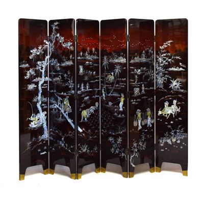 Lot 315 - Modern Vietnamese lacquered and mother-of-pearl inlaid six-fold screen