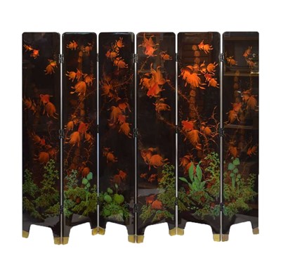 Lot 302 - Modern Vietnamese lacquered and mother-of-pearl inlaid six-fold screen