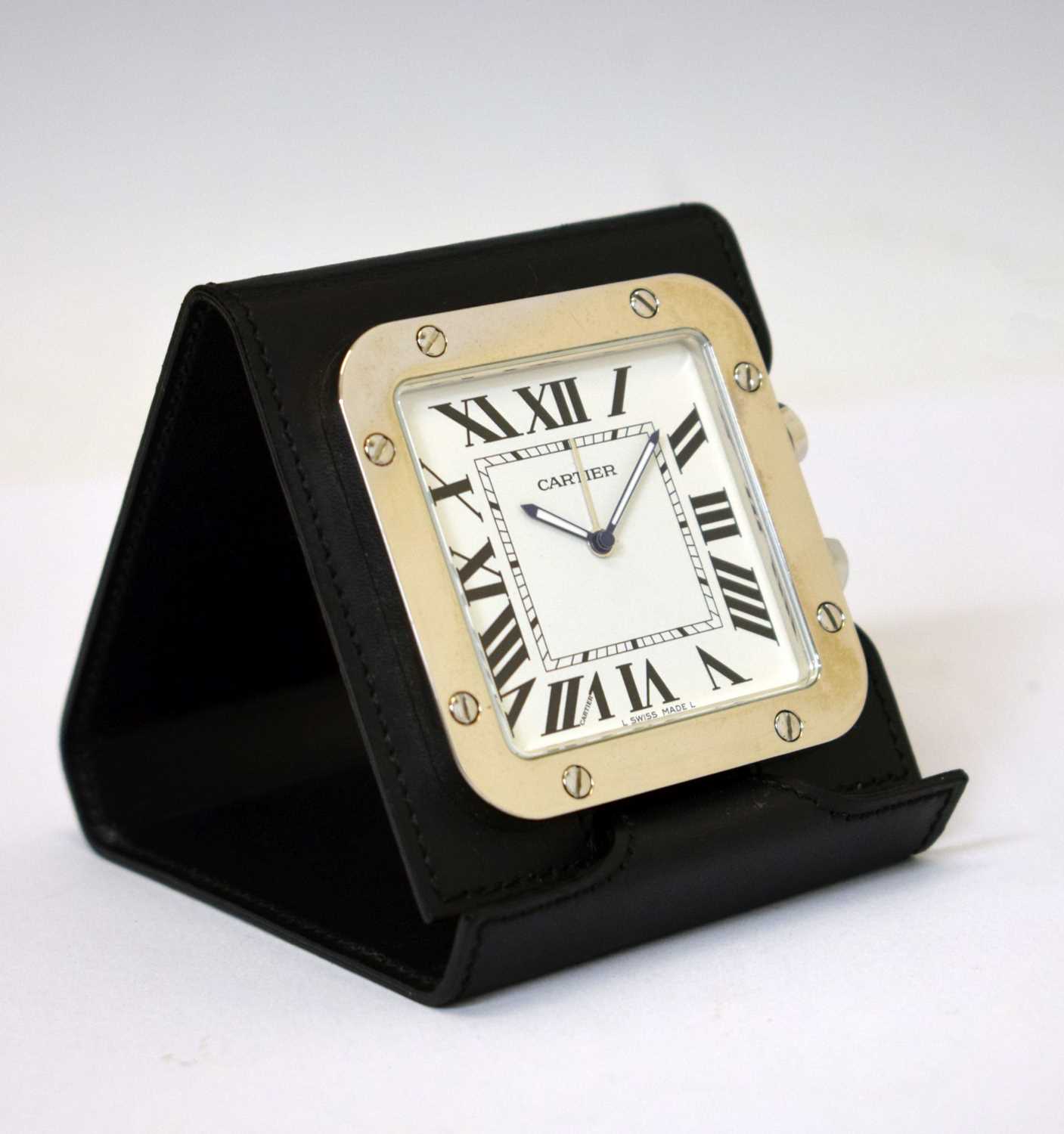 Lot 439 - Cartier Santos stainless steel travel alarm timepiece, ref. 2750
