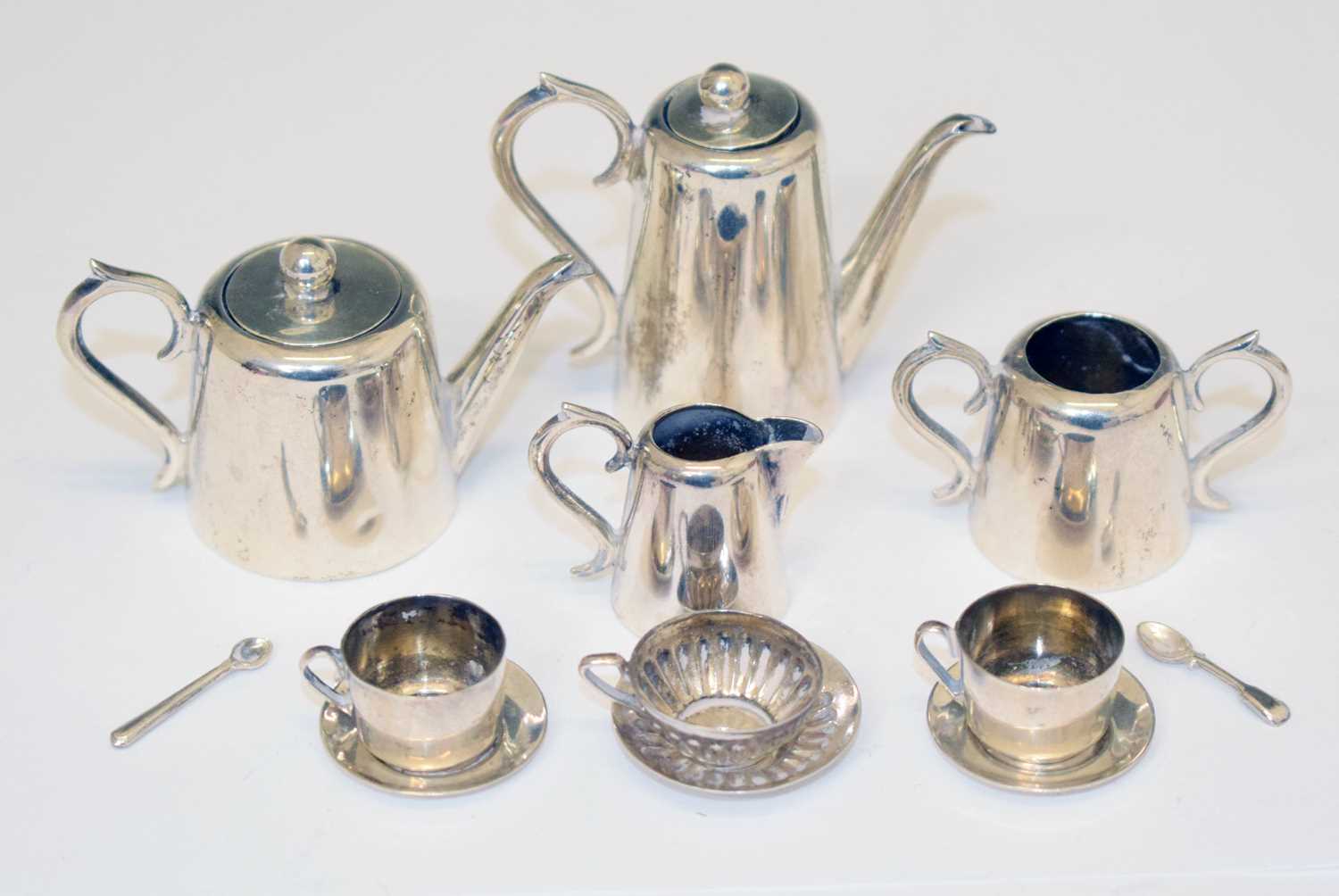 Lot 370 - Edward VII four-piece silver miniature tea set, etc