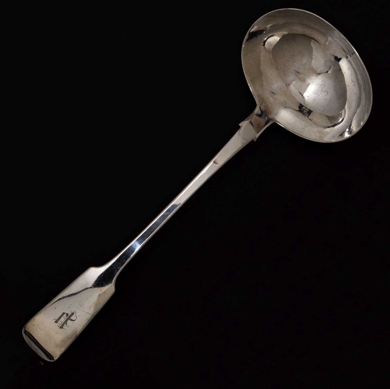 Lot 128 - Late Victorian Irish silver fiddle pattern rat tail ladle
