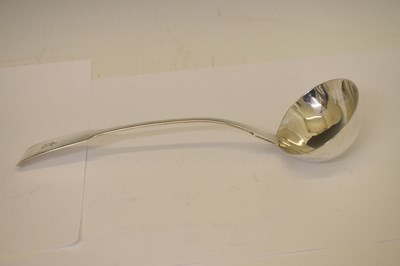 Lot 128 - Late Victorian Irish silver fiddle pattern rat tail ladle