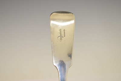 Lot 128 - Late Victorian Irish silver fiddle pattern rat tail ladle