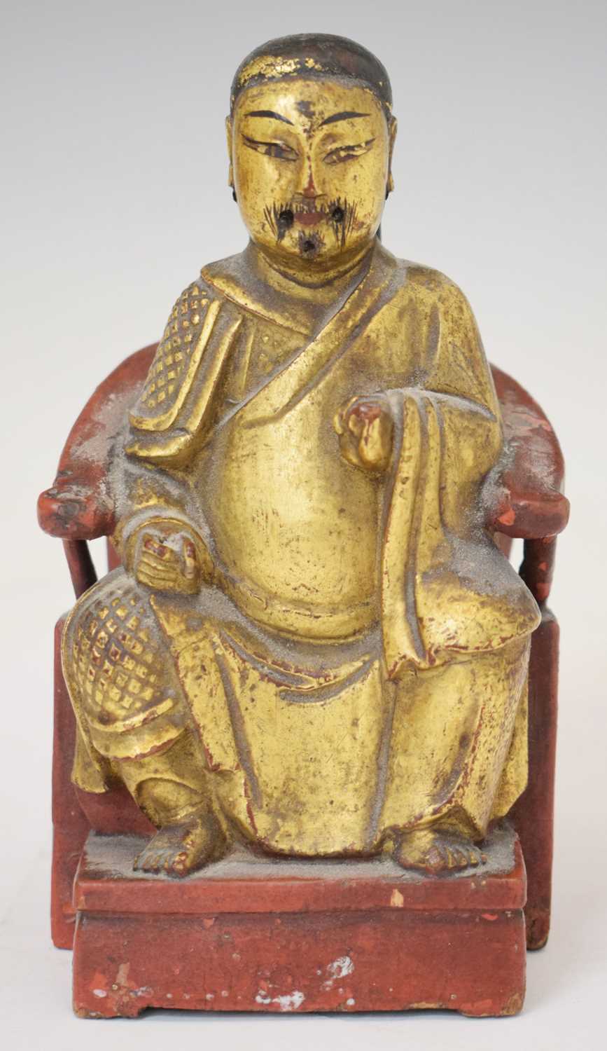 Lot 664 - Small 19th century Chinese Qing dynasty gilt and red lacquer wooden figure