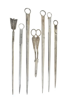 Lot 235 - Quantity of silver-plated meat skewer and a pair of grape scissors