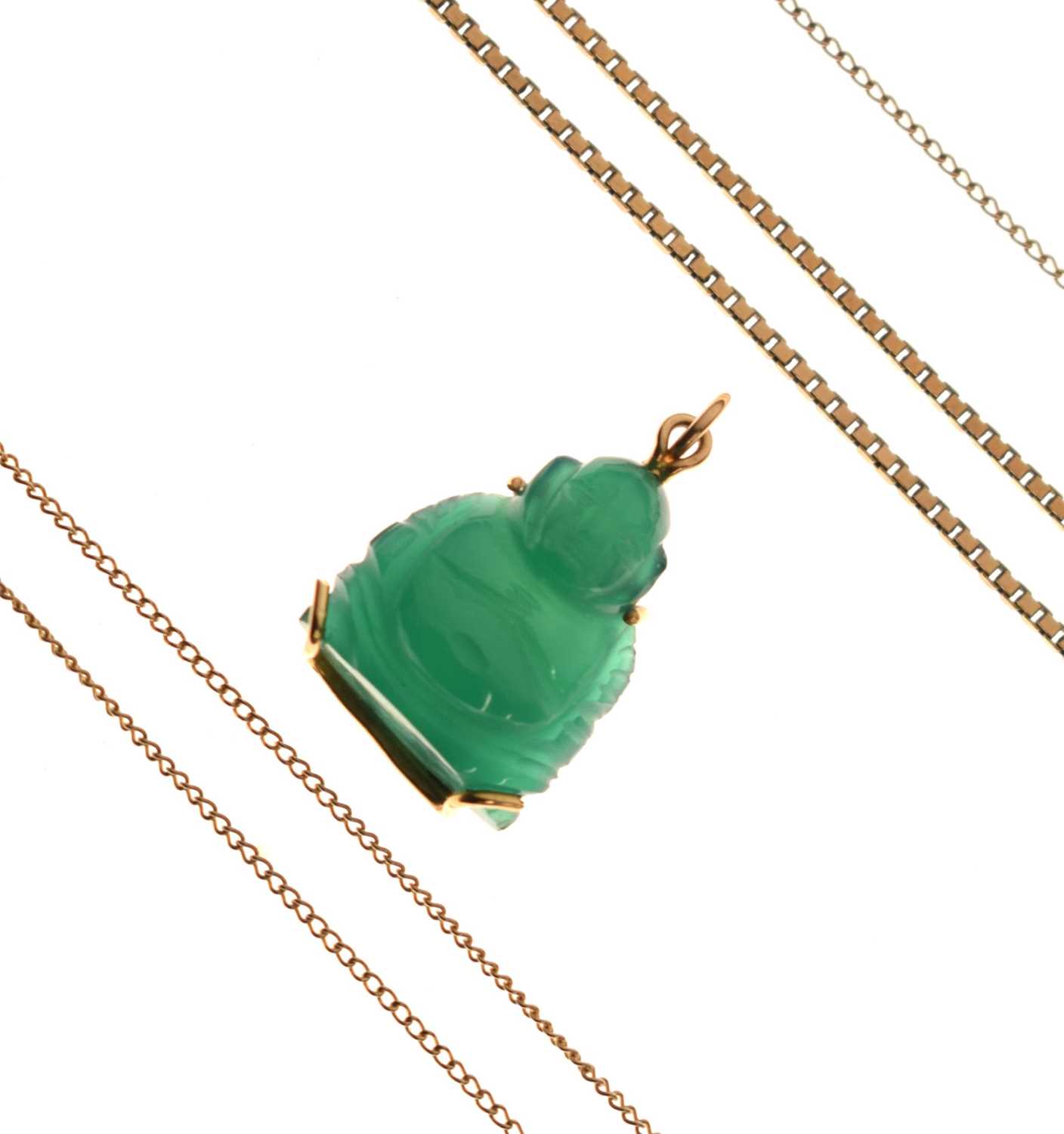 Lot 162 - Jade Buddha pendant on 9ct gold box link chain, etc