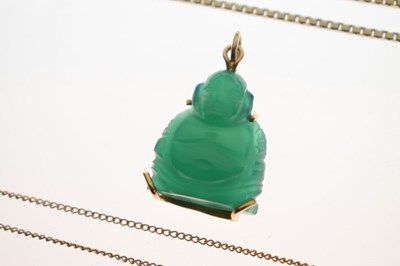 Lot 162 - Jade Buddha pendant on 9ct gold box link chain, etc