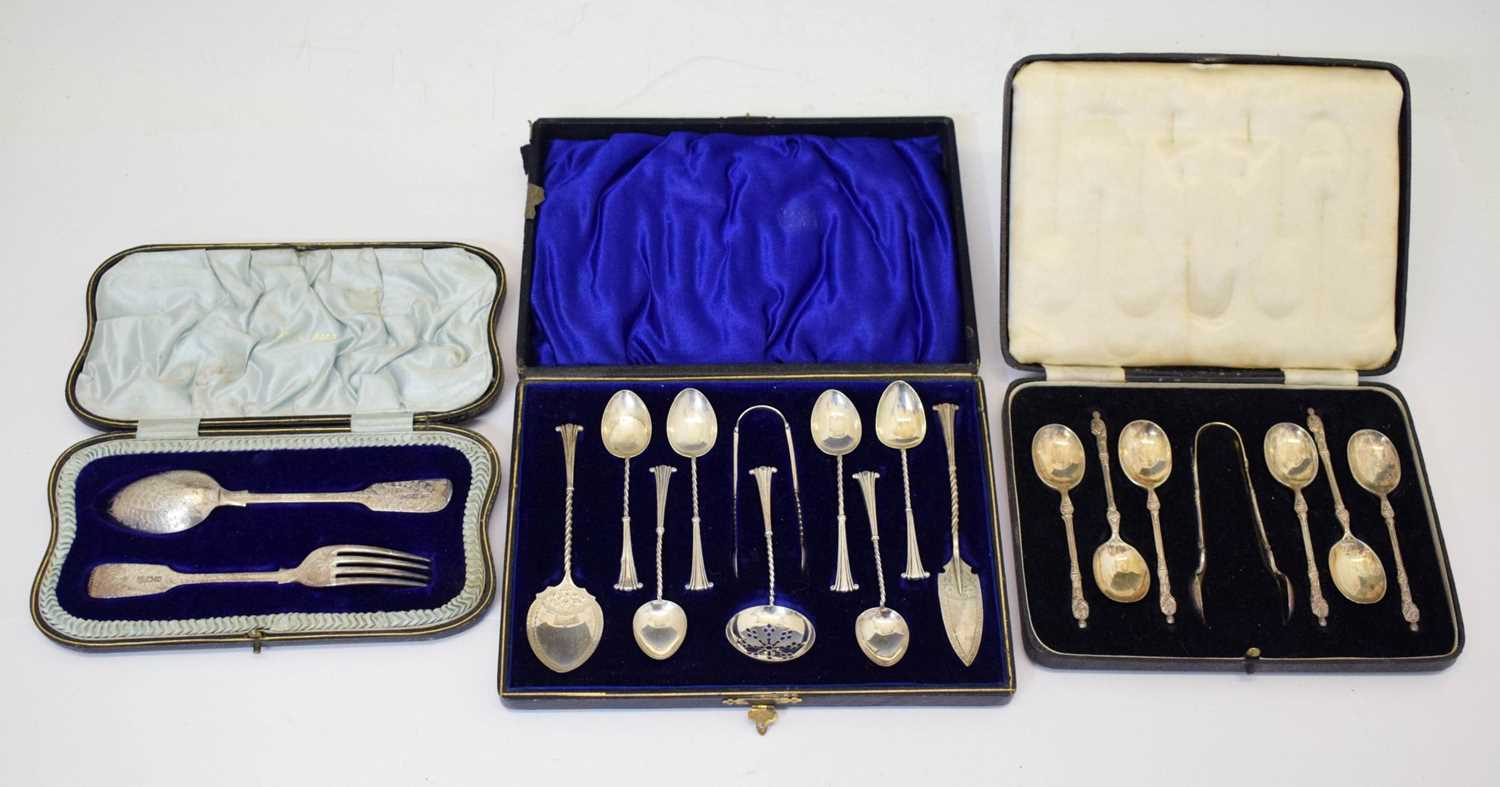 Lot 415 - Cased set of six Elizabeth II silver Apostle spoons and sugar tongs, etc