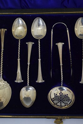 Lot 415 - Cased set of six Elizabeth II silver Apostle spoons and sugar tongs, etc