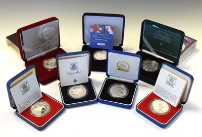 Lot 175 - Seven GB silver proof crowns and five-pound coins in presentation cases