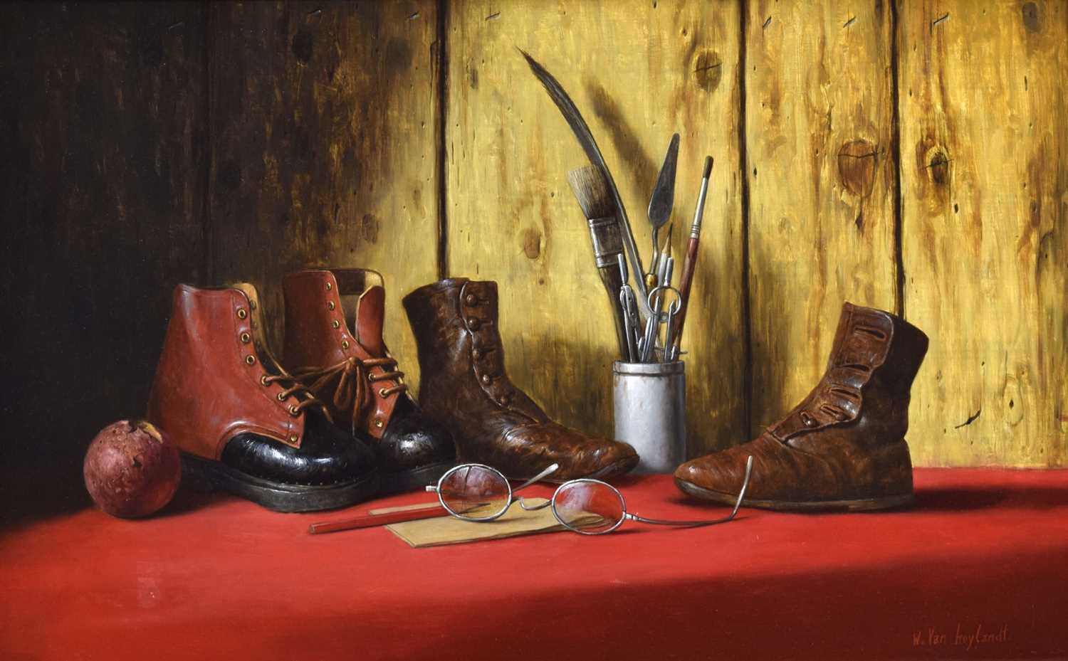 Lot 297 - Werner Van Hoylandt (Belgian, b.1951) - Oil on panel - 'Les Bottines Rouges'