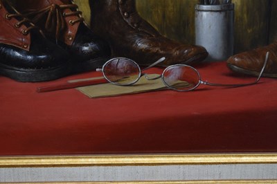 Lot 297 - Werner Van Hoylandt (Belgian, b.1951) - Oil on panel - 'Les Bottines Rouges'