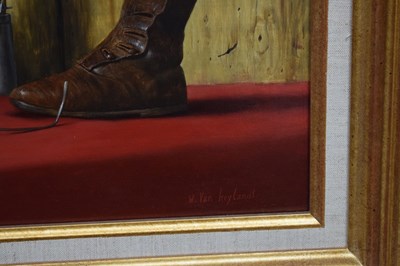 Lot 297 - Werner Van Hoylandt (Belgian, b.1951) - Oil on panel - 'Les Bottines Rouges'