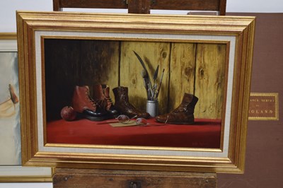Lot 297 - Werner Van Hoylandt (Belgian, b.1951) - Oil on panel - 'Les Bottines Rouges'