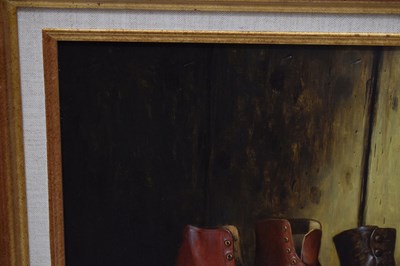Lot 297 - Werner Van Hoylandt (Belgian, b.1951) - Oil on panel - 'Les Bottines Rouges'