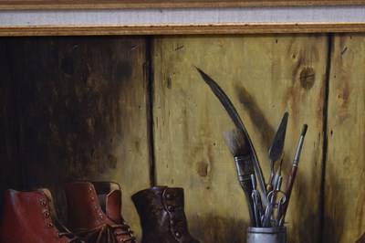 Lot 297 - Werner Van Hoylandt (Belgian, b.1951) - Oil on panel - 'Les Bottines Rouges'