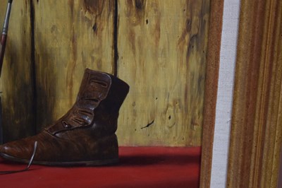 Lot 297 - Werner Van Hoylandt (Belgian, b.1951) - Oil on panel - 'Les Bottines Rouges'