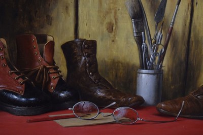 Lot 297 - Werner Van Hoylandt (Belgian, b.1951) - Oil on panel - 'Les Bottines Rouges'