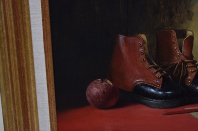 Lot 297 - Werner Van Hoylandt (Belgian, b.1951) - Oil on panel - 'Les Bottines Rouges'