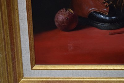 Lot 297 - Werner Van Hoylandt (Belgian, b.1951) - Oil on panel - 'Les Bottines Rouges'