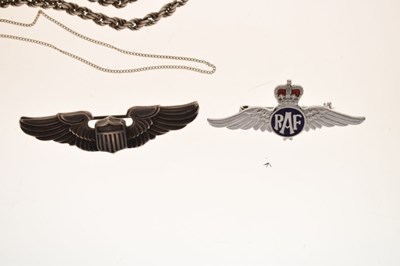 Lot 185 - American 'Amico' silver wings brooch, a RAF wings brooch, etc