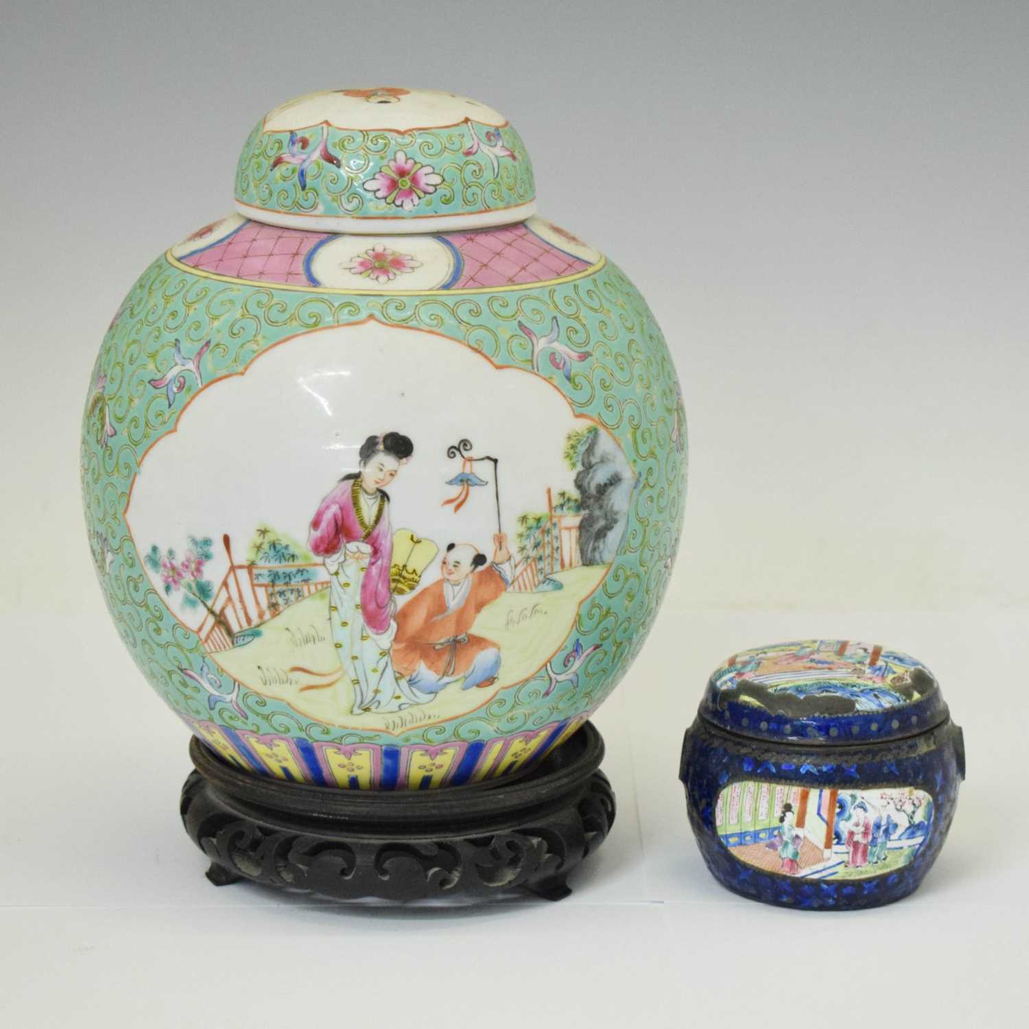 Lot 656 - Chinese Canton Famille Rose porcelain ginger jar and enamel pot