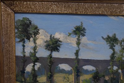 Lot 287 - Louise Jacobs, RA, (British, 1880-1946) - Oil on board - 'The Viaduct, Dinan'