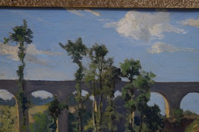 Lot 287 - Louise Jacobs, RA, (British, 1880-1946) - Oil on board - 'The Viaduct, Dinan'