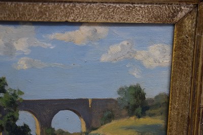 Lot 287 - Louise Jacobs, RA, (British, 1880-1946) - Oil on board - 'The Viaduct, Dinan'