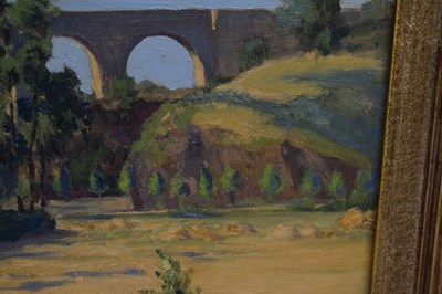 Lot 287 - Louise Jacobs, RA, (British, 1880-1946) - Oil on board - 'The Viaduct, Dinan'
