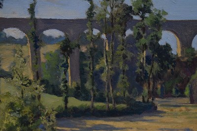 Lot 287 - Louise Jacobs, RA, (British, 1880-1946) - Oil on board - 'The Viaduct, Dinan'