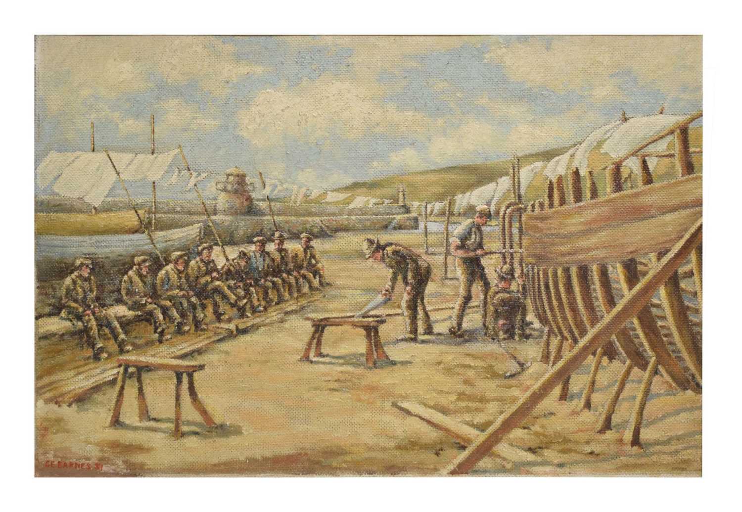 Lot 629 - Clarence E Barnes (20th century) - Oil on board - 'Boatbuilding St Ives Harbour'