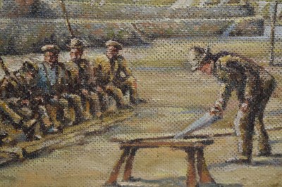 Lot 629 - Clarence E Barnes (20th century) - Oil on board - 'Boatbuilding St Ives Harbour'