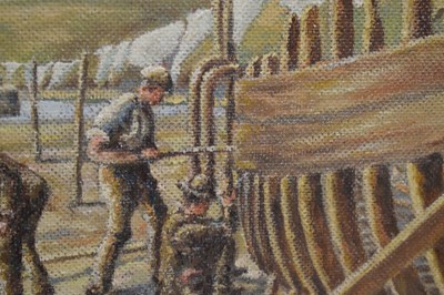 Lot 629 - Clarence E Barnes (20th century) - Oil on board - 'Boatbuilding St Ives Harbour'