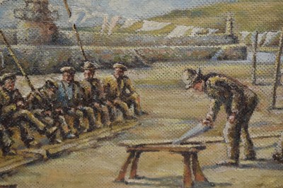 Lot 629 - Clarence E Barnes (20th century) - Oil on board - 'Boatbuilding St Ives Harbour'
