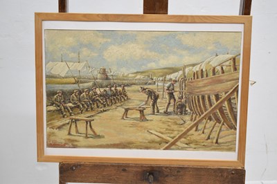 Lot 629 - Clarence E Barnes (20th century) - Oil on board - 'Boatbuilding St Ives Harbour'