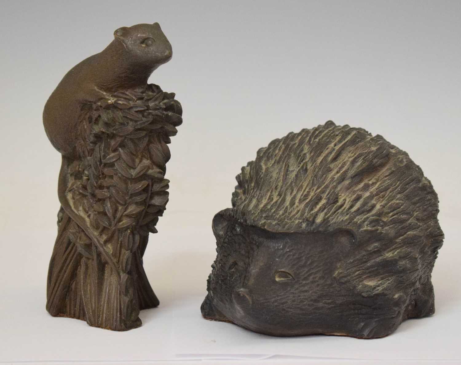 Lot 439 - Richard Fisher - Bronzed resin figure of a mouse on wheat, together with a hedgehog