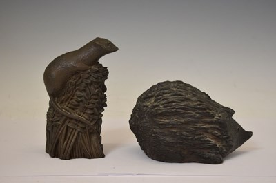 Lot 439 - Richard Fisher - Bronzed resin figure of a mouse on wheat, together with a hedgehog