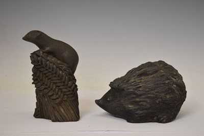 Lot 439 - Richard Fisher - Bronzed resin figure of a mouse on wheat, together with a hedgehog