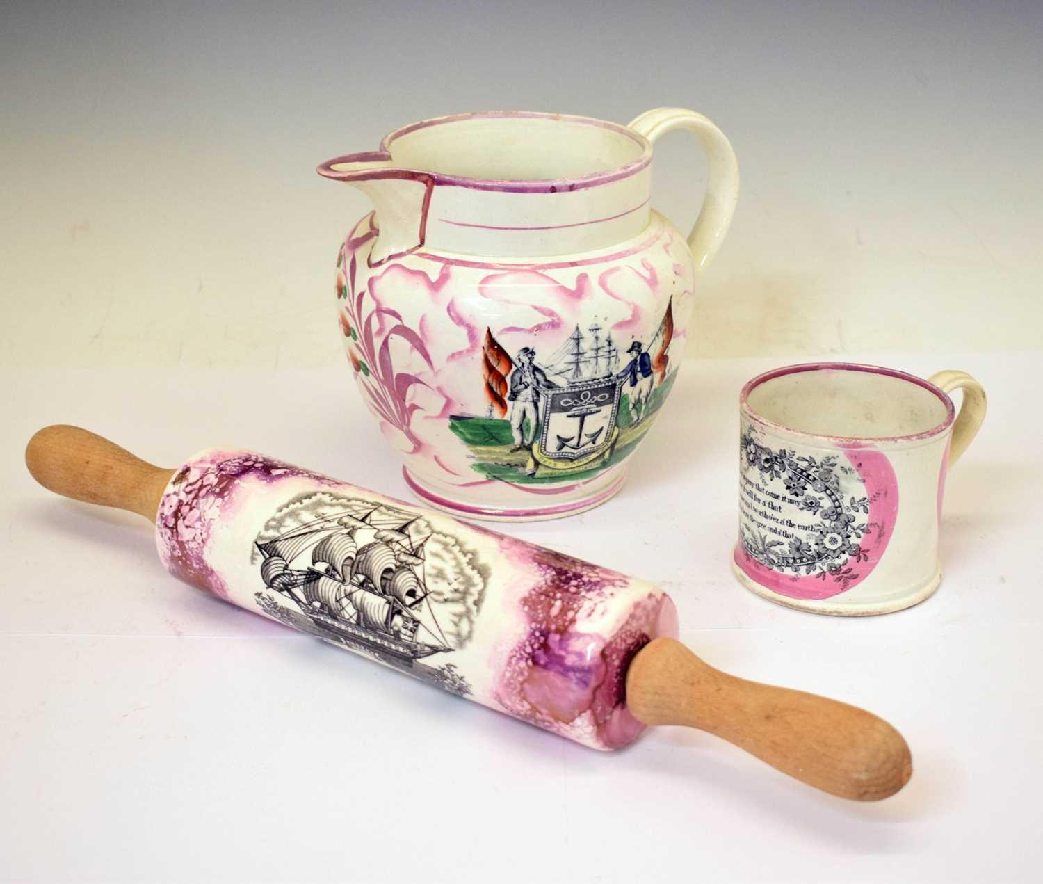 Lot 510 - Sunderland puce lustre jug and mug, plus later rolling pin
