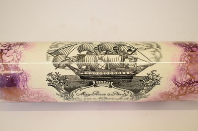 Lot 510 - Sunderland puce lustre jug and mug, plus later rolling pin
