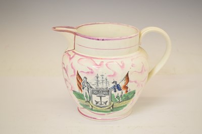Lot 510 - Sunderland puce lustre jug and mug, plus later rolling pin