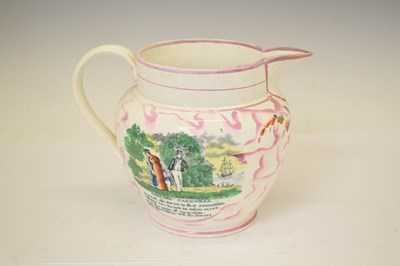 Lot 510 - Sunderland puce lustre jug and mug, plus later rolling pin