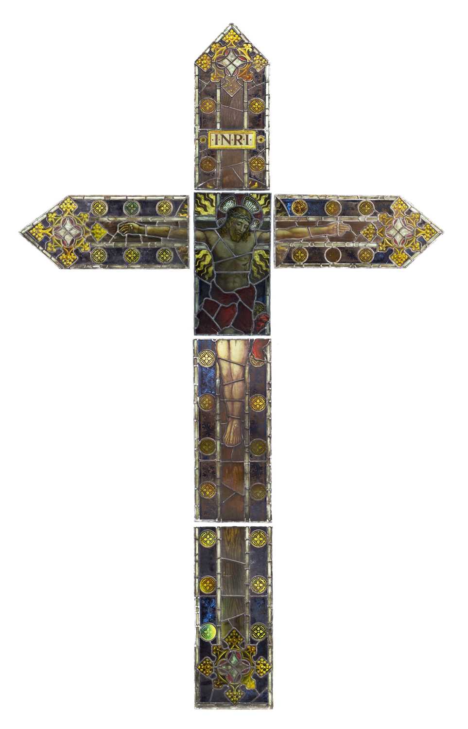 Lot 191 - Monumental Ecclesiastical stained and painted leaded glass six-panel Crucifixion window