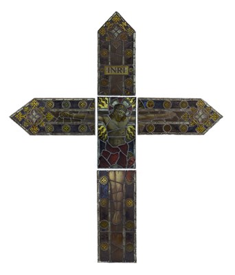 Lot 191 - Monumental Ecclesiastical stained and painted leaded glass six-panel Crucifixion window