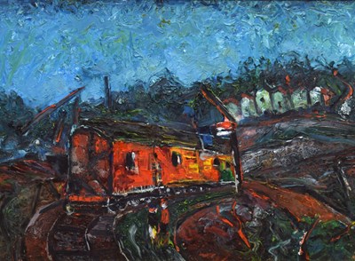 Lot 343 - Barrington Tabb (British, 1934-2022) - Oil on board - 'Rail Coach on the Siding, Toterdown, Bristol'