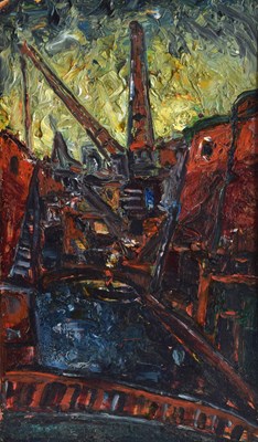 Lot 345 - Barrington Tabb (British, 1934-2022) - Oil on board - 'Cranes, 1994'