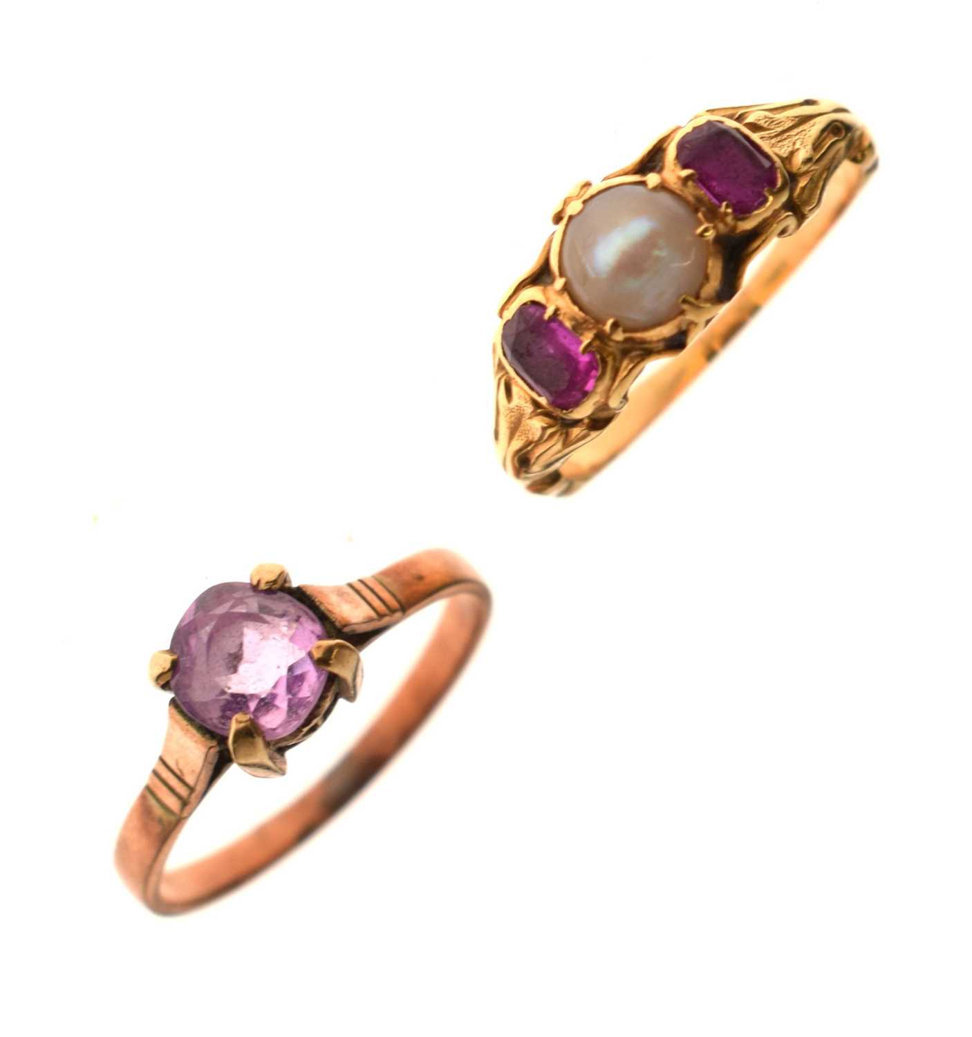Lot 49 - Ruby and split pearl three-stone yellow metal ring, etc