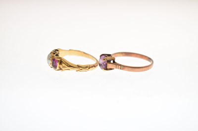 Lot 49 - Ruby and split pearl three-stone yellow metal ring, etc