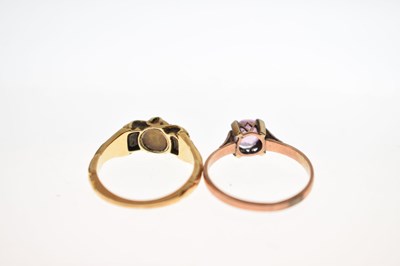 Lot 49 - Ruby and split pearl three-stone yellow metal ring, etc